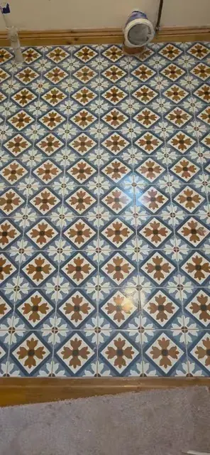 Blue and yellow patterned wall tiles